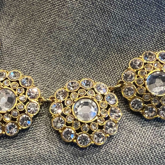 Authentic J. Crew Necklace 5 Medallions Antique Brushed Gold Tone White Crystals - Picture 9 of 10